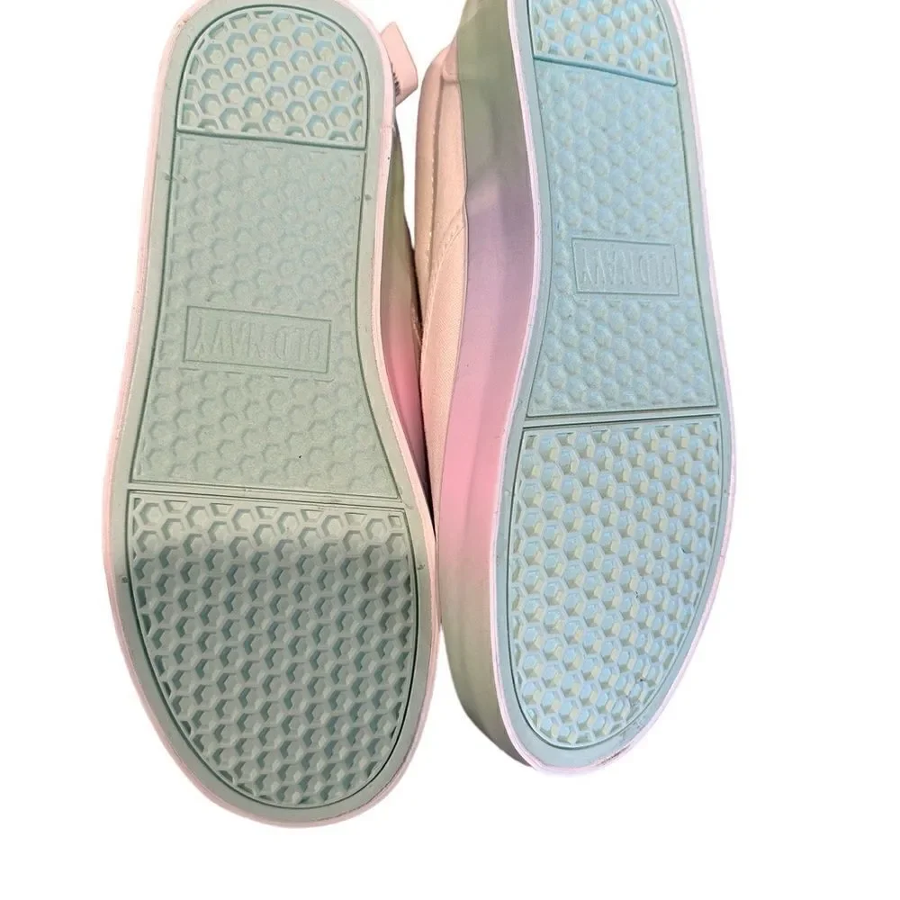 NWT Girls White Slip On Shoes trimmed in pink and green Loafers School- Size 5